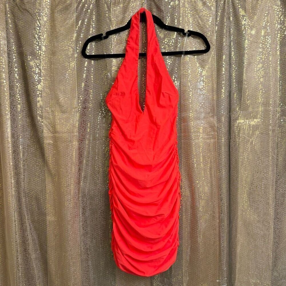 Tiger Mist Neon Coral Amazon Plunging Ruched Halter Dress Small NWT Flawed